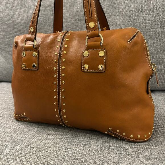 NEW Vintage Michael Kors Astor Studded Leather Satchel Bag Camel Gold Hardware - Picture 3 of 16